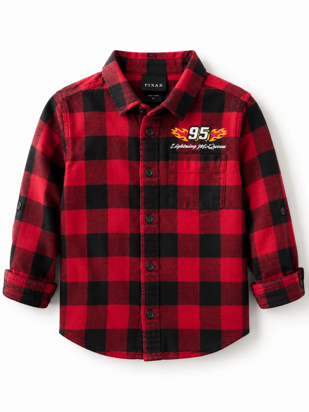 Pixar Kids' Red & Black Plaid Button-Down Shirt with Lightning McQueen Detail